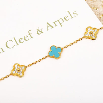 [Lumi Jewels]CLOVER 5 MOTIF TURQUOISE DIAMOND GOLD BRACELET