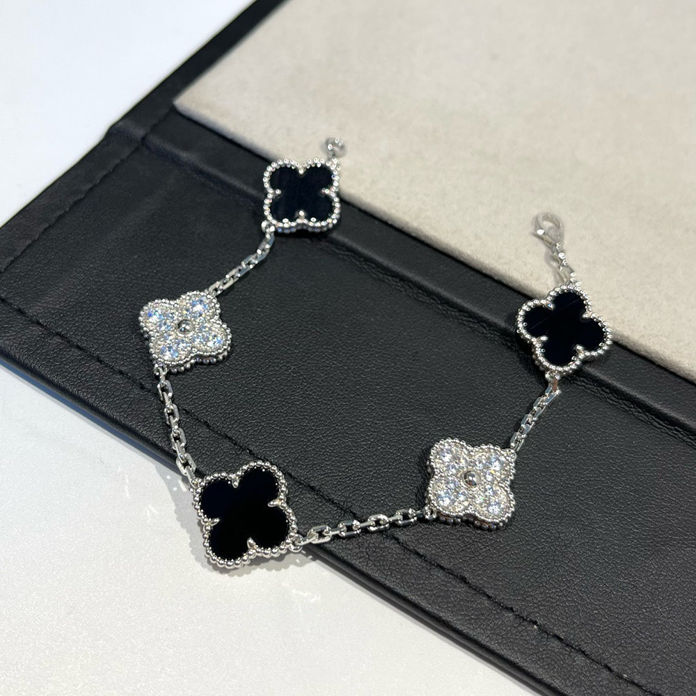 [Lumi Jewels]BRACELET CLOVER 5 MOTIFS ONYX DIAMANTS ARGENT