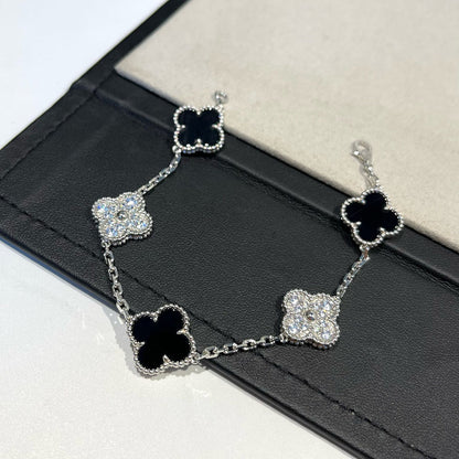 [Lumi Jewels]BRACELET CLOVER 5 MOTIFS ONYX DIAMANTS ARGENT