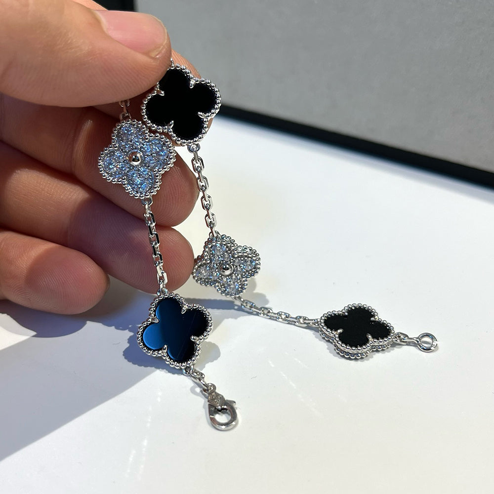 [Lumi Jewels]BRACELET CLOVER 5 MOTIFS ONYX DIAMANTS ARGENT
