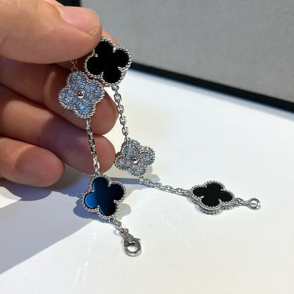 [Lumi Jewels]BRACELET CLOVER 5 MOTIFS ONYX DIAMANTS ARGENT