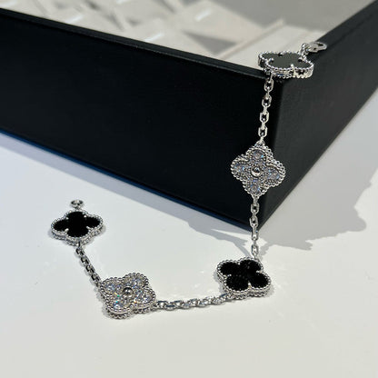 [Lumi Jewels]BRACELET CLOVER 5 MOTIFS ONYX DIAMANTS ARGENT