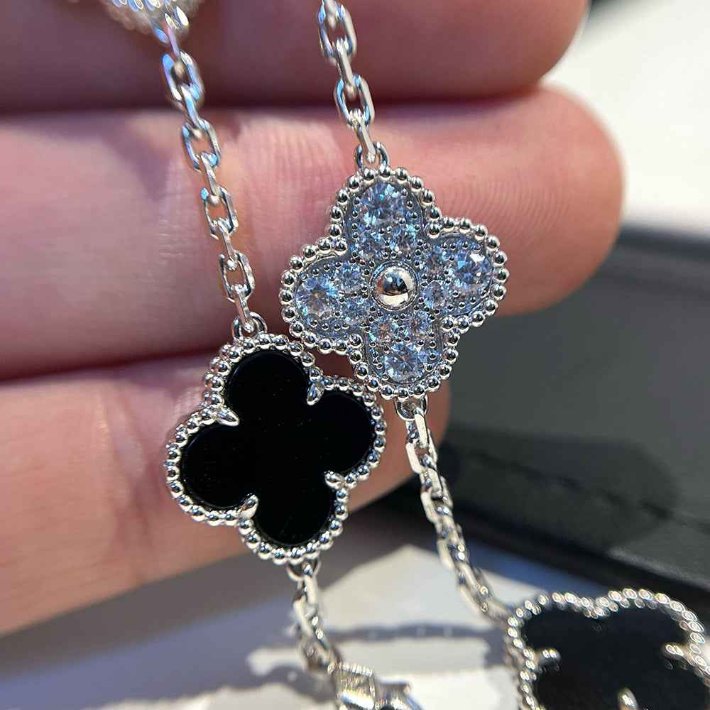 [Lumi Jewels]BRACELET CLOVER 5 MOTIFS ONYX DIAMANTS ARGENT