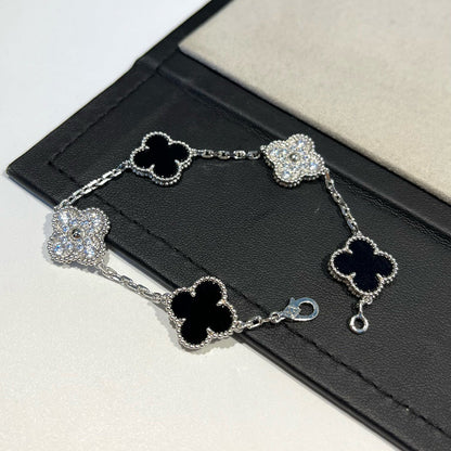[Lumi Jewels]BRACELET CLOVER 5 MOTIFS ONYX DIAMANTS ARGENT