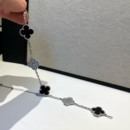 [Lumi Jewels]BRACELET CLOVER 5 MOTIFS ONYX DIAMANTS ARGENT