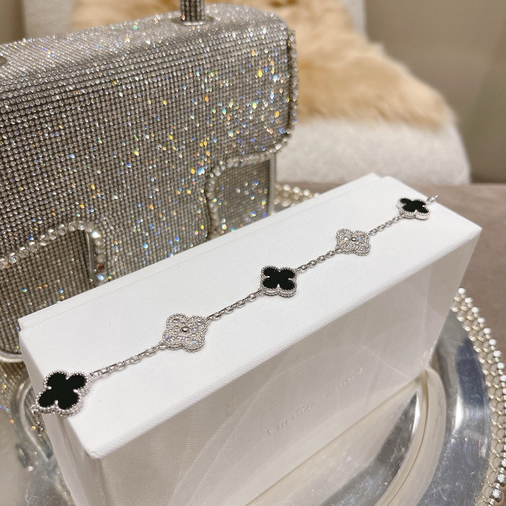 [Lumi Jewels]BRACELET CLOVER 5 MOTIFS ONYX DIAMANTS ARGENT