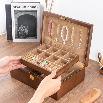 BOÎTE DE RANGEMENT BIJOUX RÉTRO EN BOIS MASSIF AVEC SERRURE