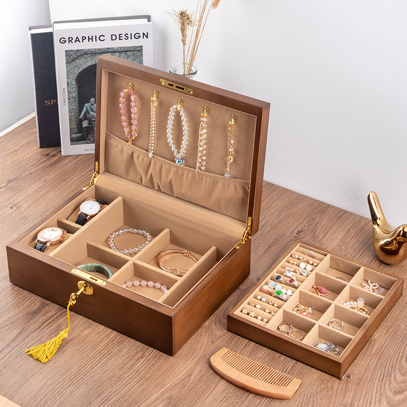 BOÎTE DE RANGEMENT BIJOUX RÉTRO EN BOIS MASSIF AVEC SERRURE