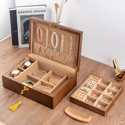 BOÎTE DE RANGEMENT BIJOUX RÉTRO EN BOIS MASSIF AVEC SERRURE