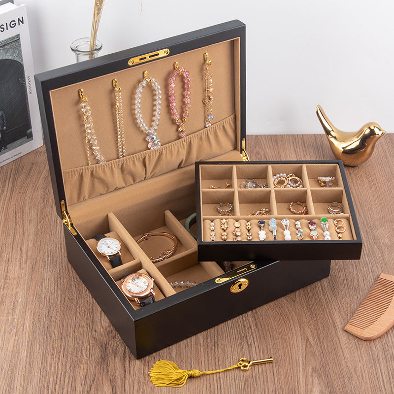 BOÎTE DE RANGEMENT BIJOUX RÉTRO EN BOIS MASSIF AVEC SERRURE
