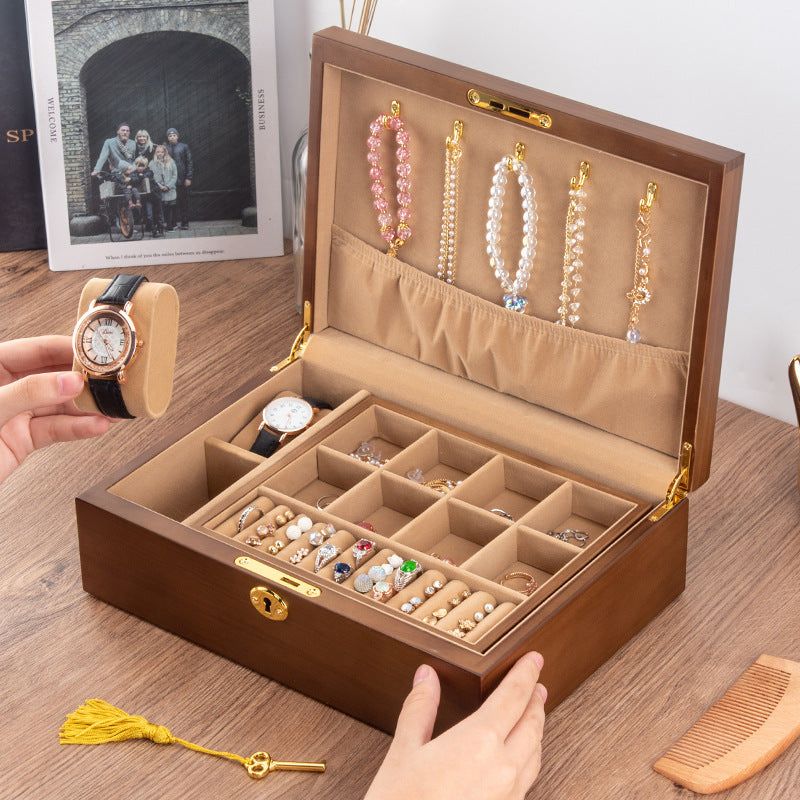 BOÎTE DE RANGEMENT BIJOUX RÉTRO EN BOIS MASSIF AVEC SERRURE
