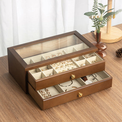 BOÎTE À BIJOUX EN BOIS MASSIF HAUT DE GAMME BOÎTE DE RANGEMENT EN VERRE TRANSPARENT