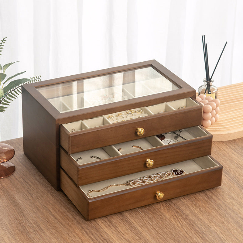 BOÎTE À BIJOUX EN BOIS MASSIF HAUT DE GAMME BOÎTE DE RANGEMENT EN VERRE TRANSPARENT