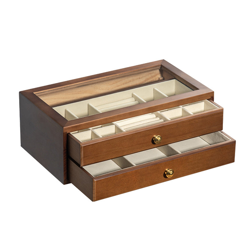BOÎTE À BIJOUX EN BOIS MASSIF HAUT DE GAMME BOÎTE DE RANGEMENT EN VERRE TRANSPARENT