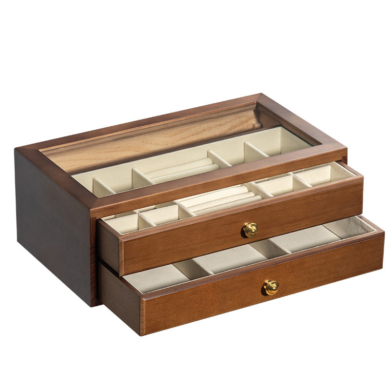 BOÎTE À BIJOUX EN BOIS MASSIF HAUT DE GAMME BOÎTE DE RANGEMENT EN VERRE TRANSPARENT