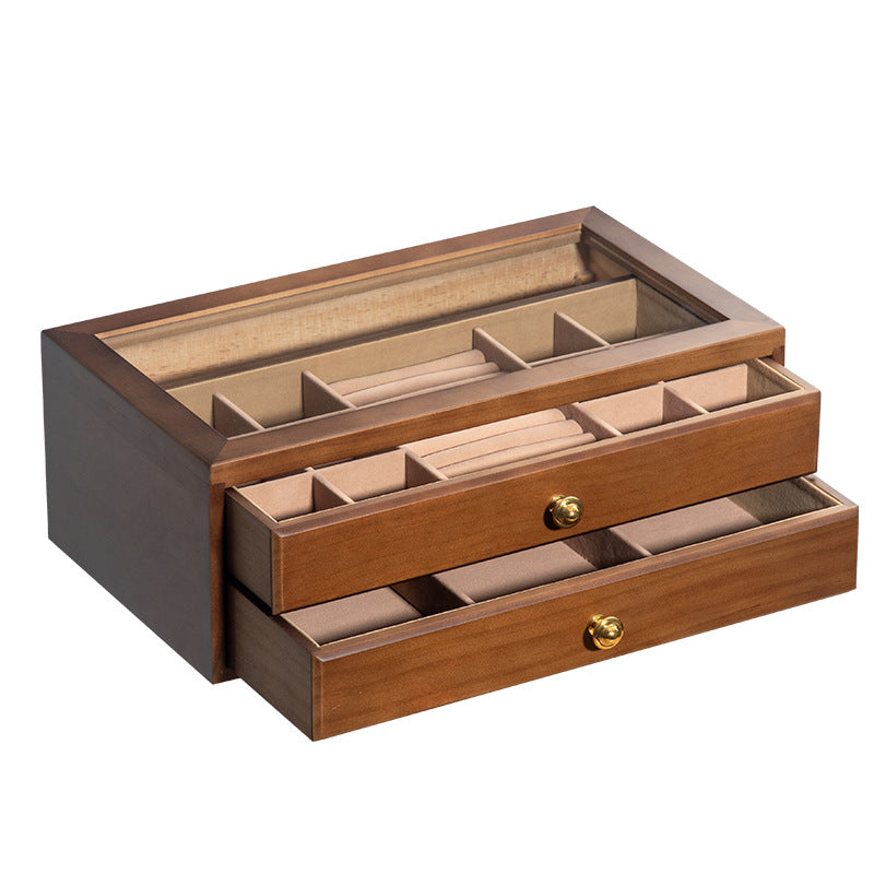 BOÎTE À BIJOUX EN BOIS MASSIF HAUT DE GAMME BOÎTE DE RANGEMENT EN VERRE TRANSPARENT