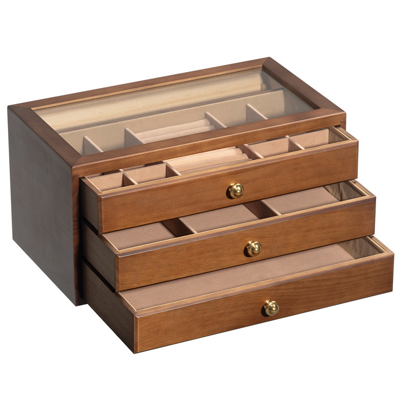 BOÎTE À BIJOUX EN BOIS MASSIF HAUT DE GAMME BOÎTE DE RANGEMENT EN VERRE TRANSPARENT