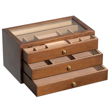 BOÎTE À BIJOUX EN BOIS MASSIF HAUT DE GAMME BOÎTE DE RANGEMENT EN VERRE TRANSPARENT