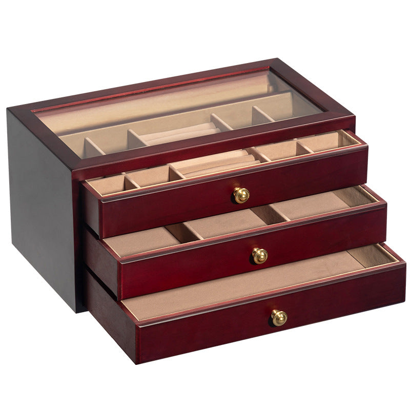 BOÎTE À BIJOUX EN BOIS MASSIF HAUT DE GAMME BOÎTE DE RANGEMENT EN VERRE TRANSPARENT