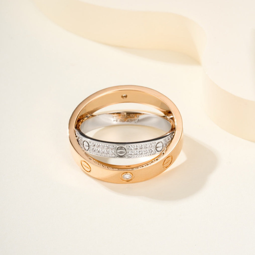 [Lumi Jewelery]LOVE PINK GOLD SILVER DIAMOND DOUBLE RING