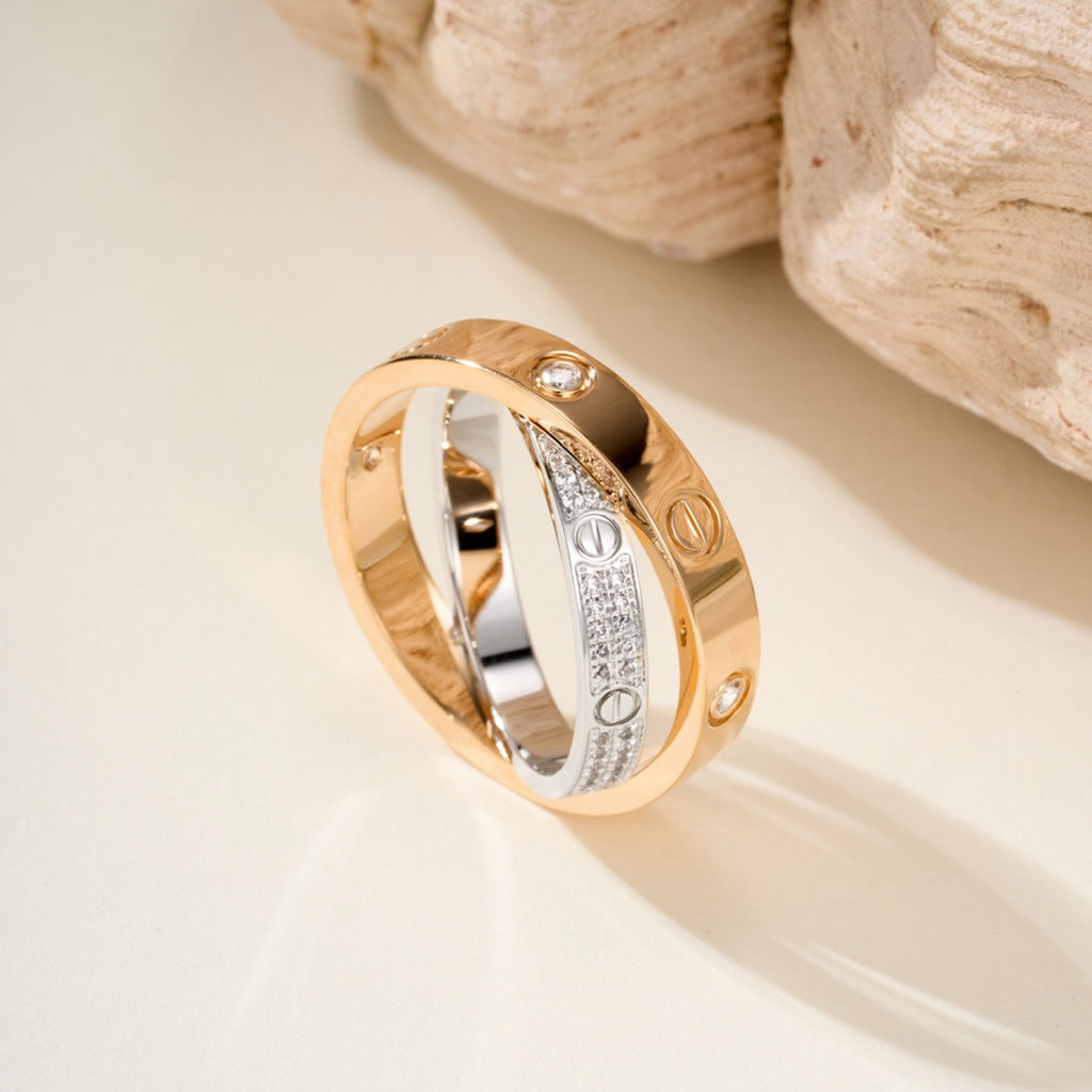 [Lumi Jewelery]LOVE PINK GOLD SILVER DIAMOND DOUBLE RING