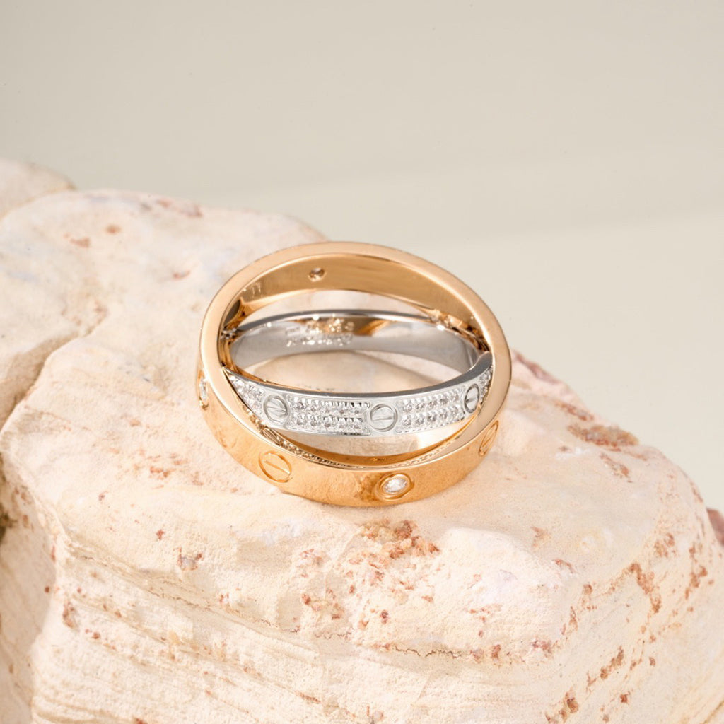 [Lumi Jewelery]LOVE PINK GOLD SILVER DIAMOND DOUBLE RING