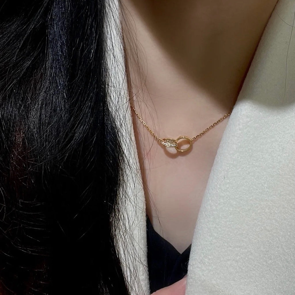 [Lumi Jewelery]LOVE DOUBLE RING HALF DIAMOND NECKLACE