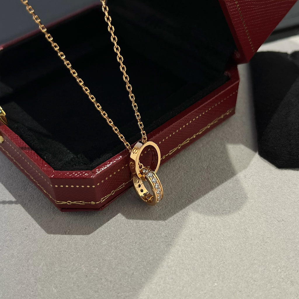 [Lumi Jewelery]LOVE DOUBLE RING HALF DIAMOND NECKLACE