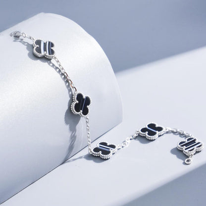 [Lumi Jewels]CLOVER 5 MOTIF VEINED ONYX BRACELET SILVER