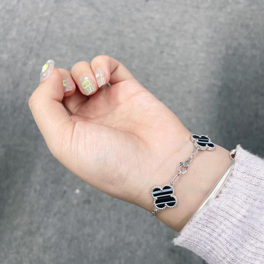 [Lumi Jewels]CLOVER 5 MOTIF VEINED ONYX BRACELET SILVER