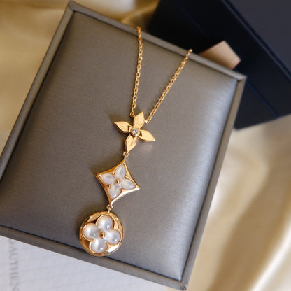 [Lumi Jewels]COLOR BLOSSOM LARIAT NECKLACE PINK GOLD WHITE MOTHER PEARL AND DIAMOND