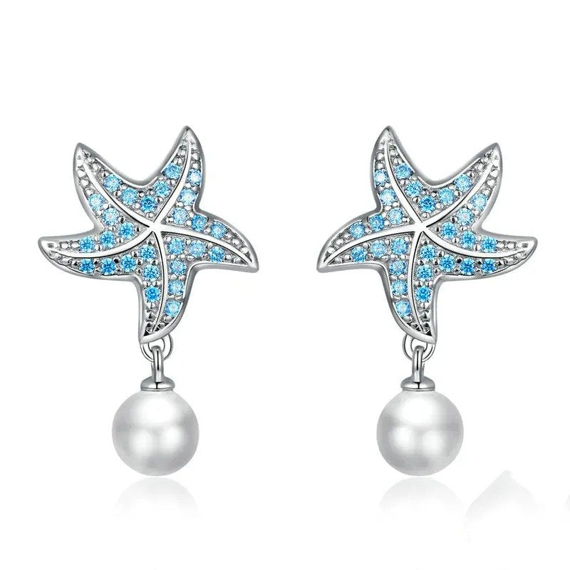 Boucles d'oreilles clous étoiles de mer en zircon bleu océan Boucles d'oreilles pendantes coquille et perle