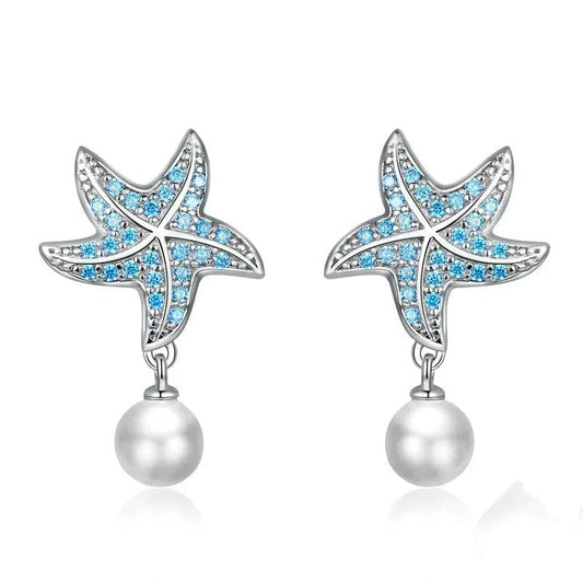Boucles d'oreilles clous étoiles de mer en zircon bleu océan Boucles d'oreilles pendantes coquille et perle