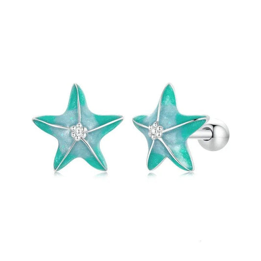 Boucles d'oreilles clous étoiles de mer bleues plaquées platine, boucles d'oreilles simples