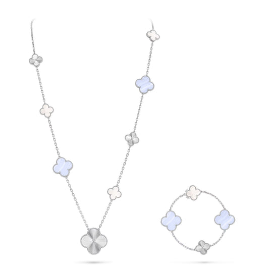 [Lumi Jewels]DETACHABLE CLOVER 15(11+4) FLOWER SILVER NECKLACE SET