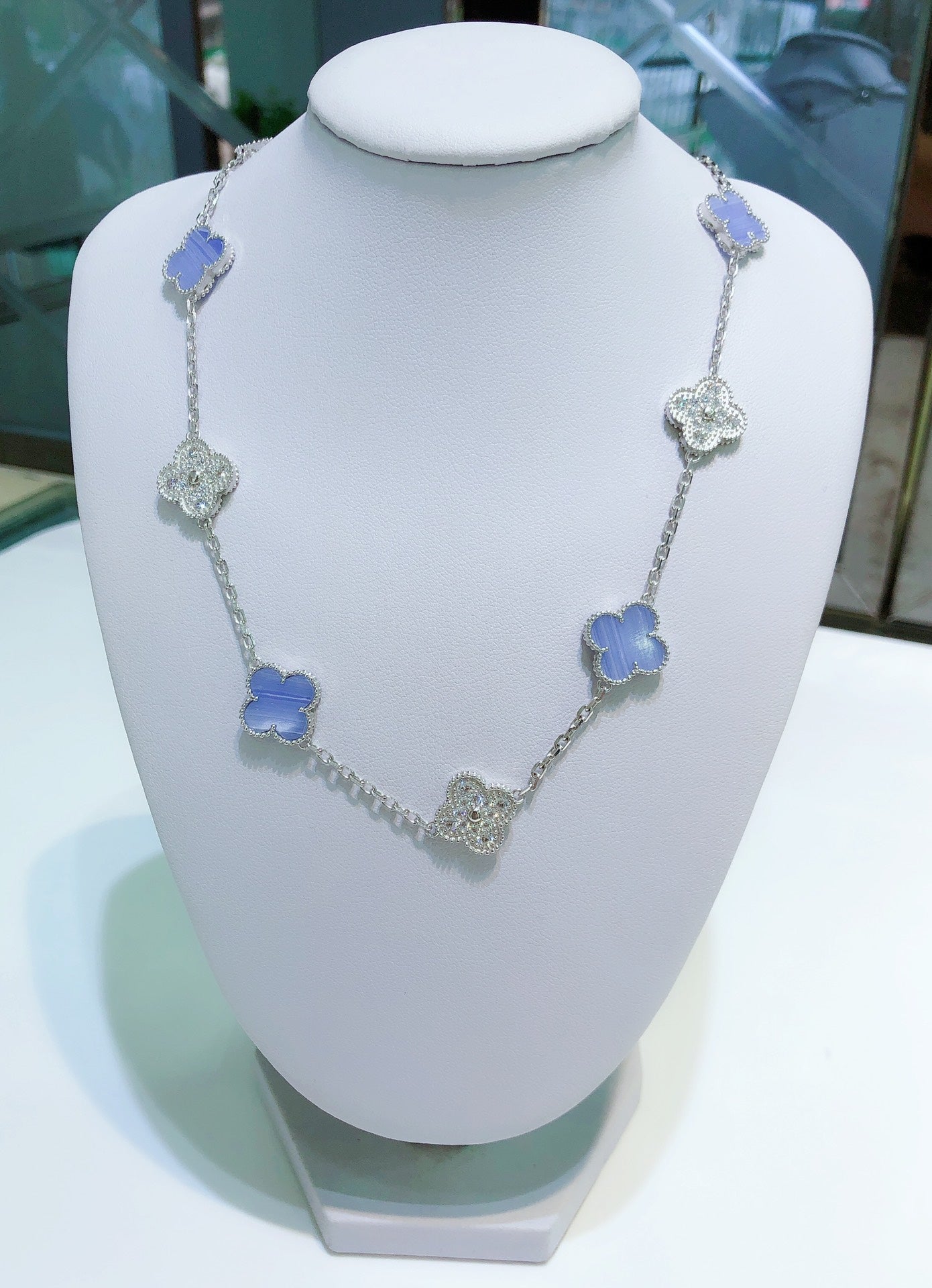 [Lumi Jewels]COLLIER TRÈFLE 10 MOTIFS CHALCEDOINE DIAMANTS ARGENT