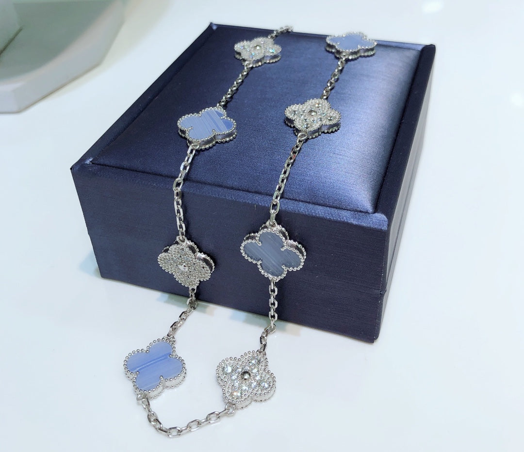 [Lumi Jewels]COLLIER TRÈFLE 10 MOTIFS CHALCEDOINE DIAMANTS ARGENT