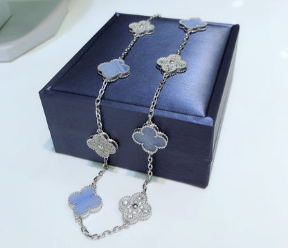 [Lumi Jewels]COLLIER TRÈFLE 10 MOTIFS CHALCEDOINE DIAMANTS ARGENT
