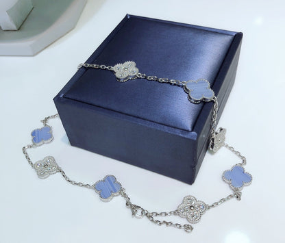 [Lumi Jewels]COLLIER TRÈFLE 10 MOTIFS CHALCEDOINE DIAMANTS ARGENT