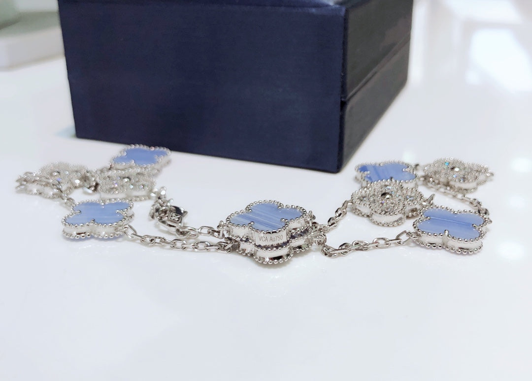 [Lumi Jewels]COLLIER TRÈFLE 10 MOTIFS CHALCEDOINE DIAMANTS ARGENT