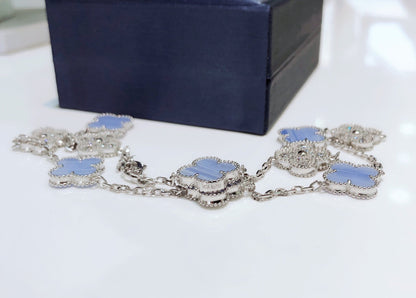 [Lumi Jewels]COLLIER TRÈFLE 10 MOTIFS CHALCEDOINE DIAMANTS ARGENT