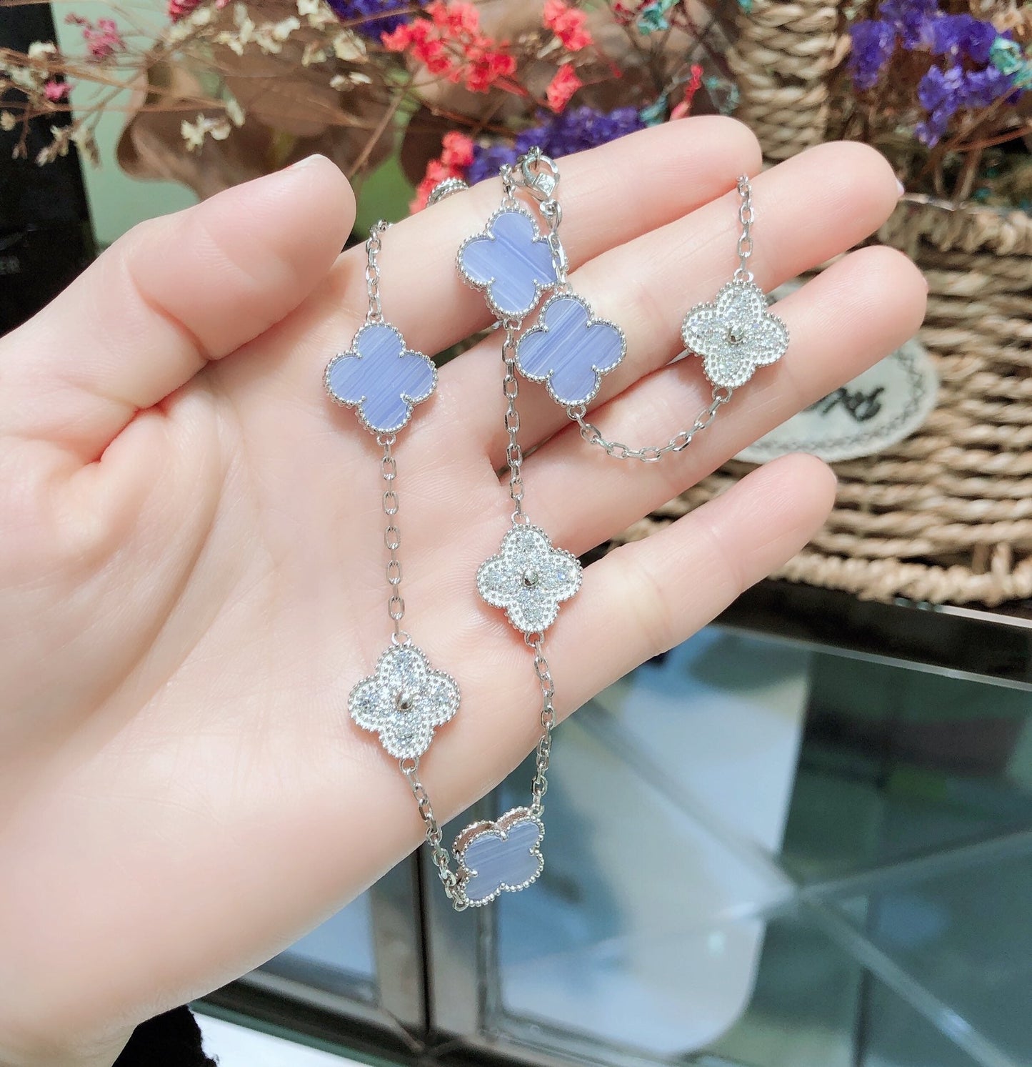 [Lumi Jewels]COLLIER TRÈFLE 10 MOTIFS CHALCEDOINE DIAMANTS ARGENT
