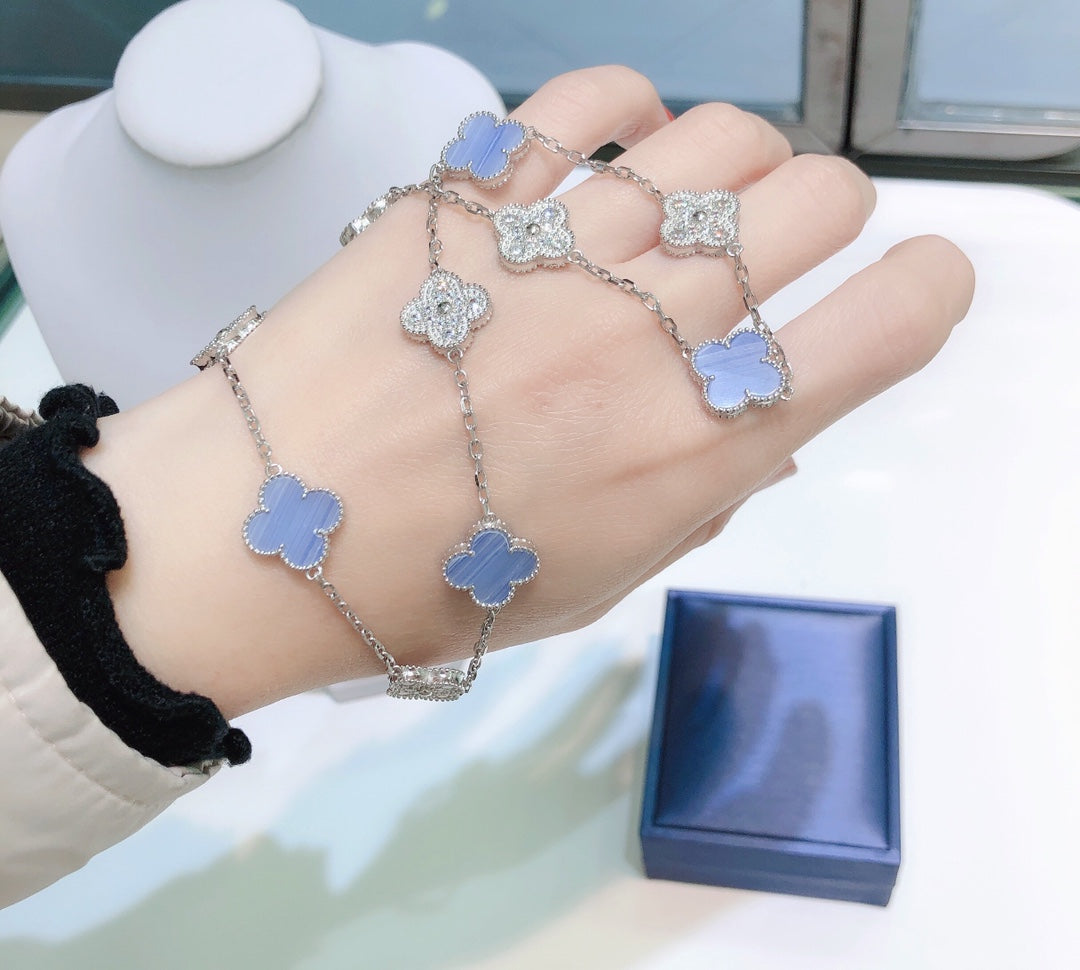[Lumi Jewels]CLOVER 10 MOTIFS CHALCEDONY DIAMONDS SILVER NECKLACE