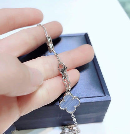 [Lumi Jewels]COLLIER TRÈFLE 10 MOTIFS CHALCEDOINE DIAMANTS ARGENT