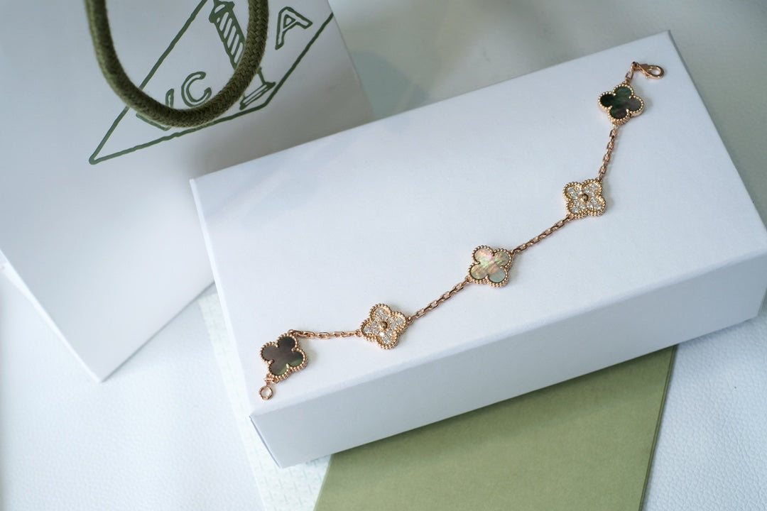 [Lumi Jewels]CLOVER 5 MOTIFS DARK MOP AND DIAMONDS PINK GOLD BRACELET