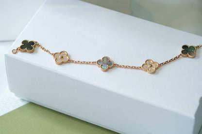 [Lumi Jewels]CLOVER 5 MOTIFS DARK MOP AND DIAMONDS PINK GOLD BRACELET