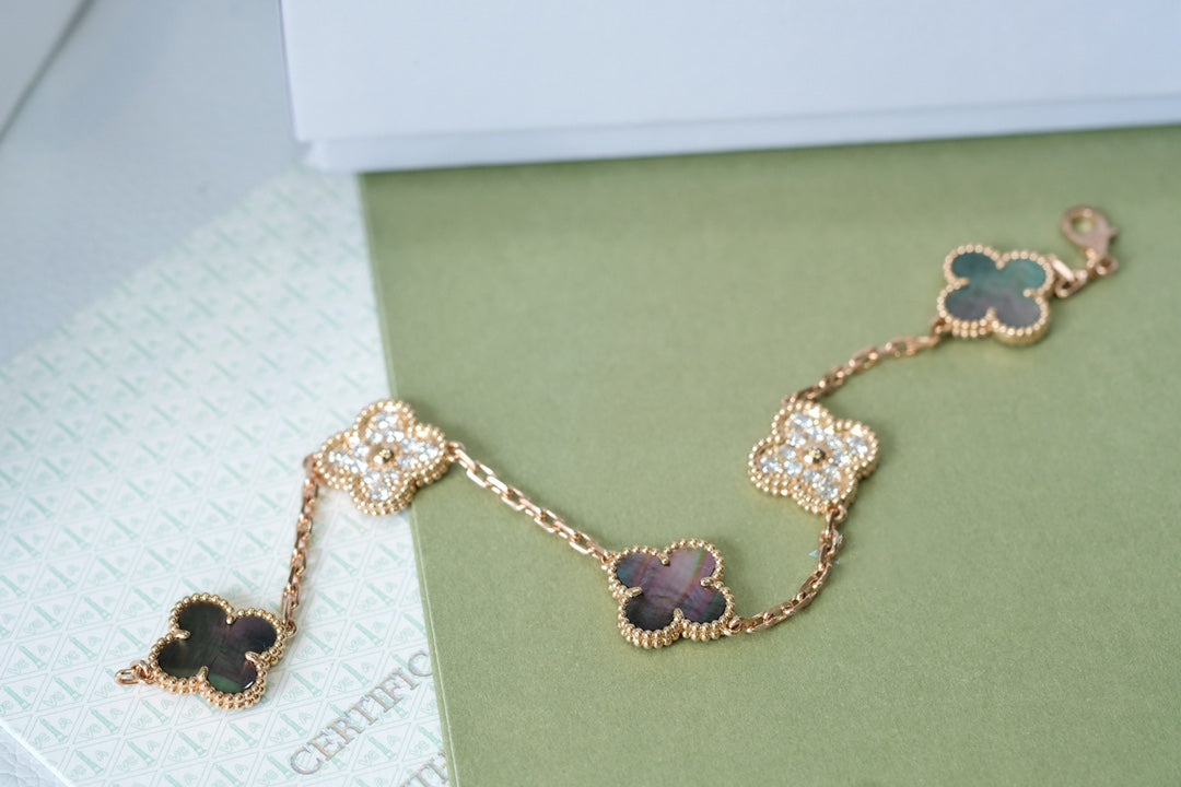 [Lumi Jewels]CLOVER 5 MOTIFS DARK MOP AND DIAMONDS PINK GOLD BRACELET
