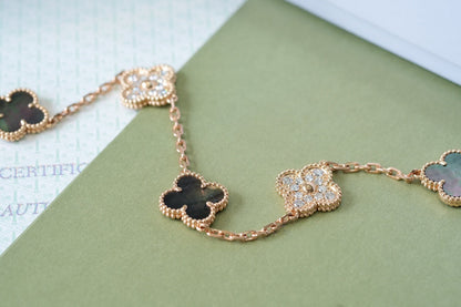[Lumi Jewels]BRACELET CLOVER 5 MOTIFS Nacre Noire et Diamants Or Rose