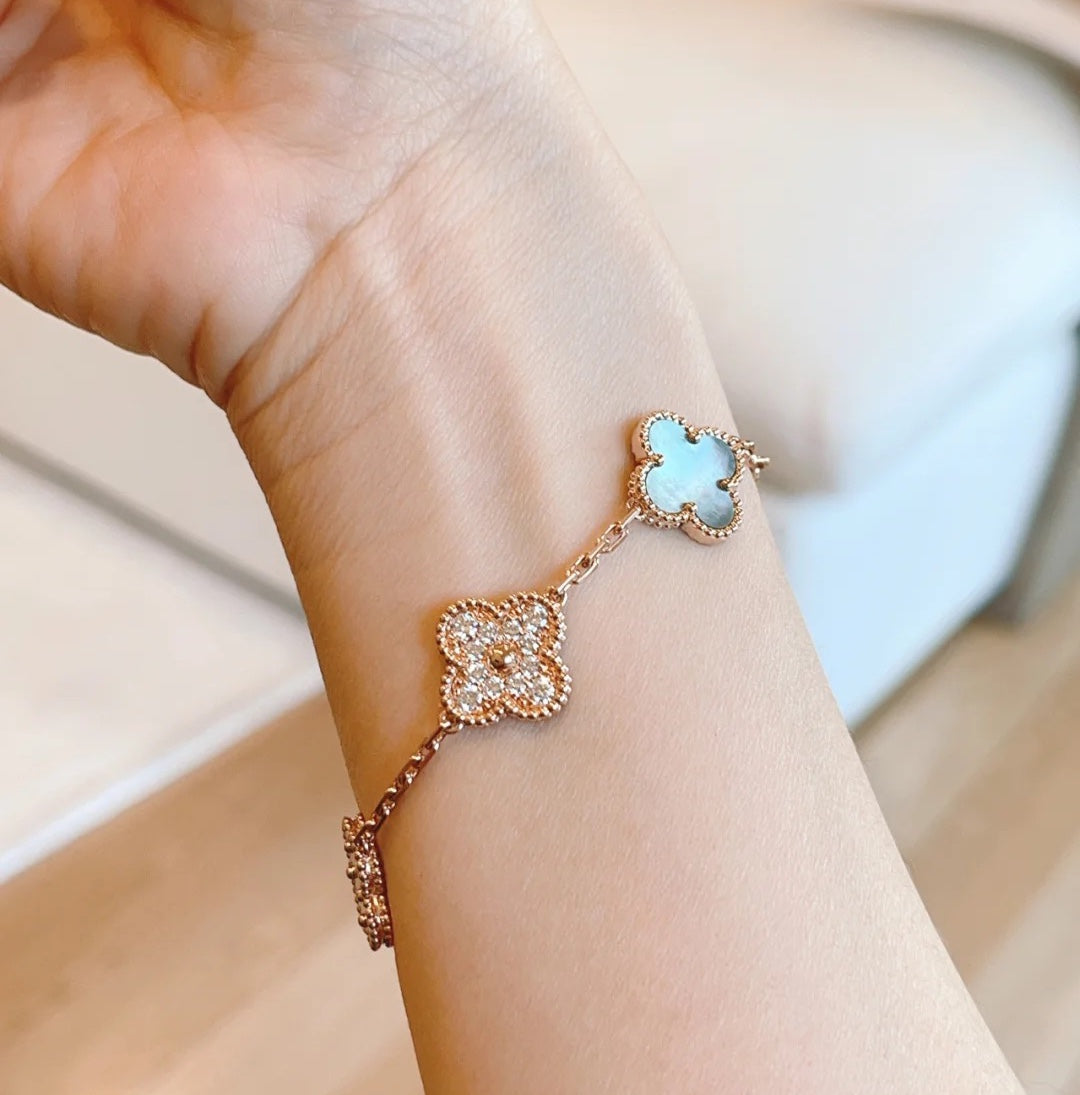 [Lumi Jewels]CLOVER 5 MOTIFS DARK MOP AND DIAMONDS PINK GOLD BRACELET
